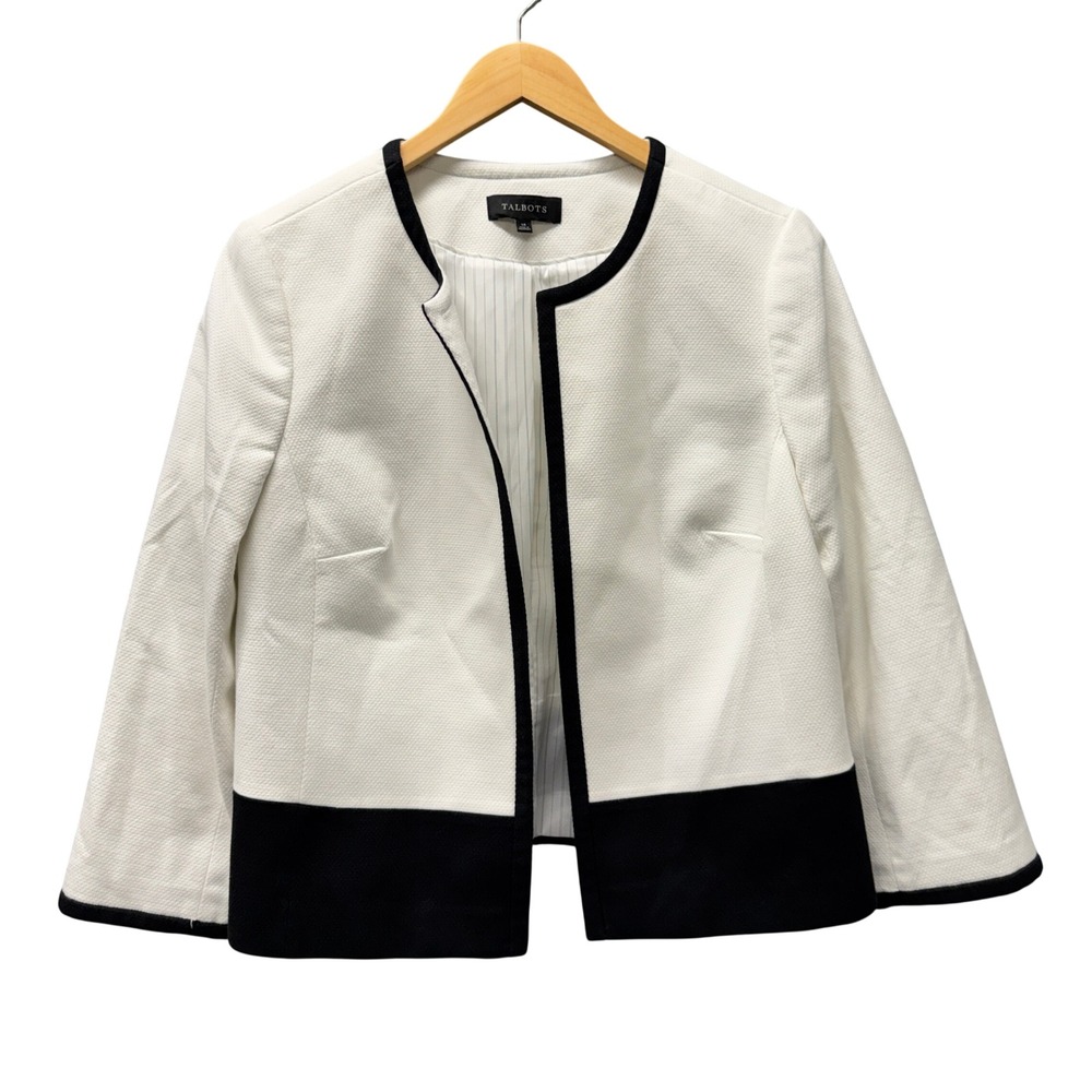 Talbots Open Front Jacket Womens 14 Colorblock White Black Blazer Classic Crop